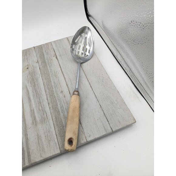 Vintage EKCO A&J Slotted Serving spoon Wood Handle 12" - Picture 1 of 9